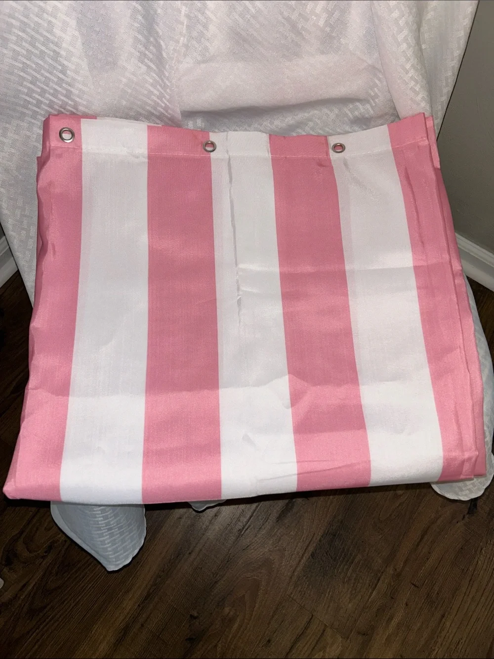 Pink Cabana striped shower curtain. Standard size